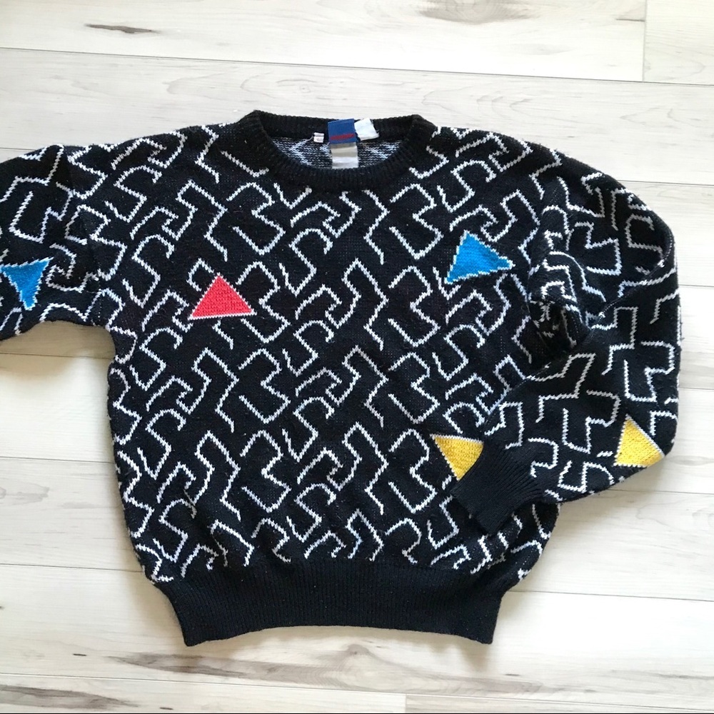 🎃VINTAGE | Geometric Patterned Black Colorful Funky Cosby Sweater Large